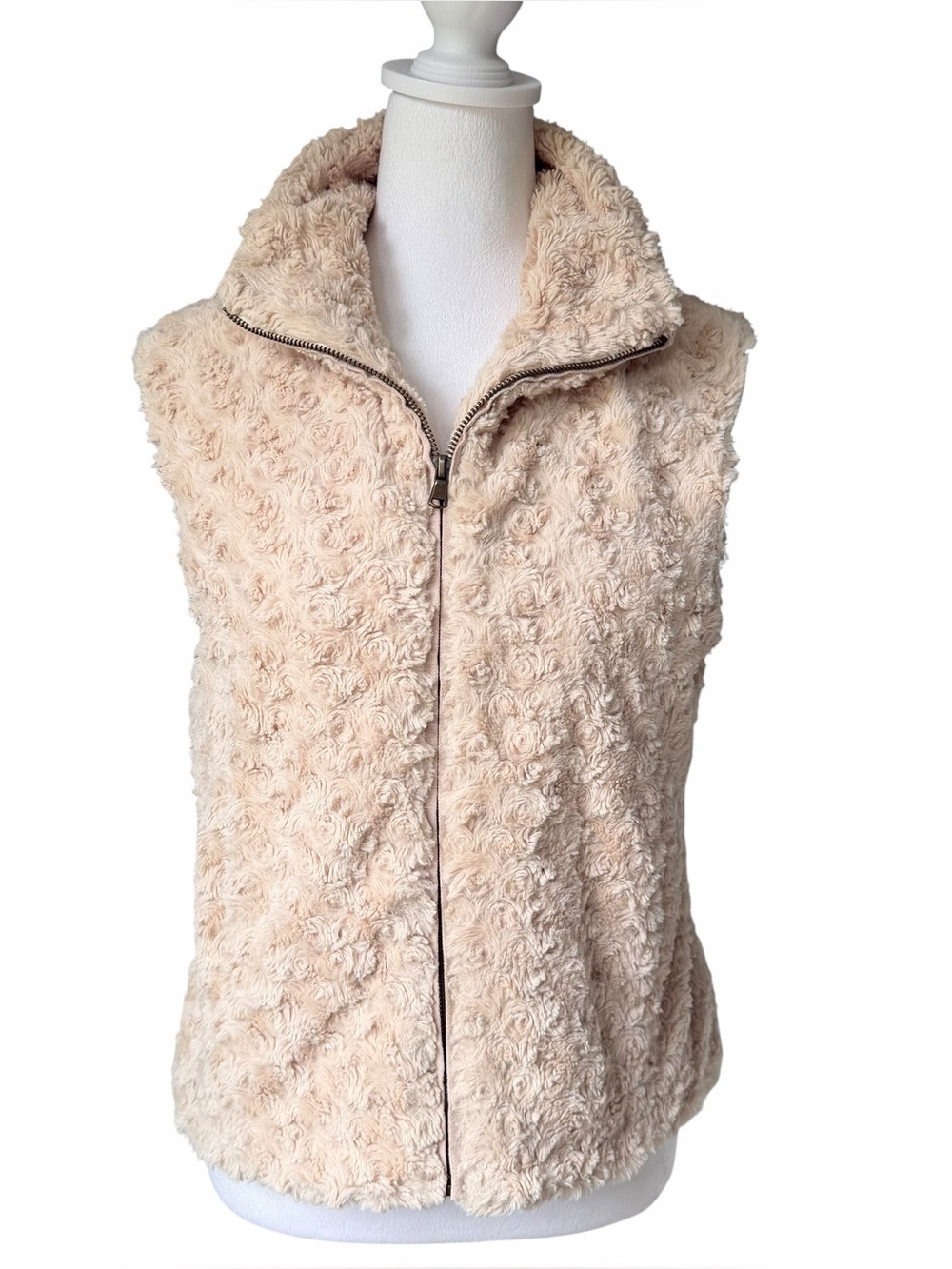 Sisters Womens S Vest Beige Faux Fur Swirl Rosebud Zip-Up Sleeveless Lined
